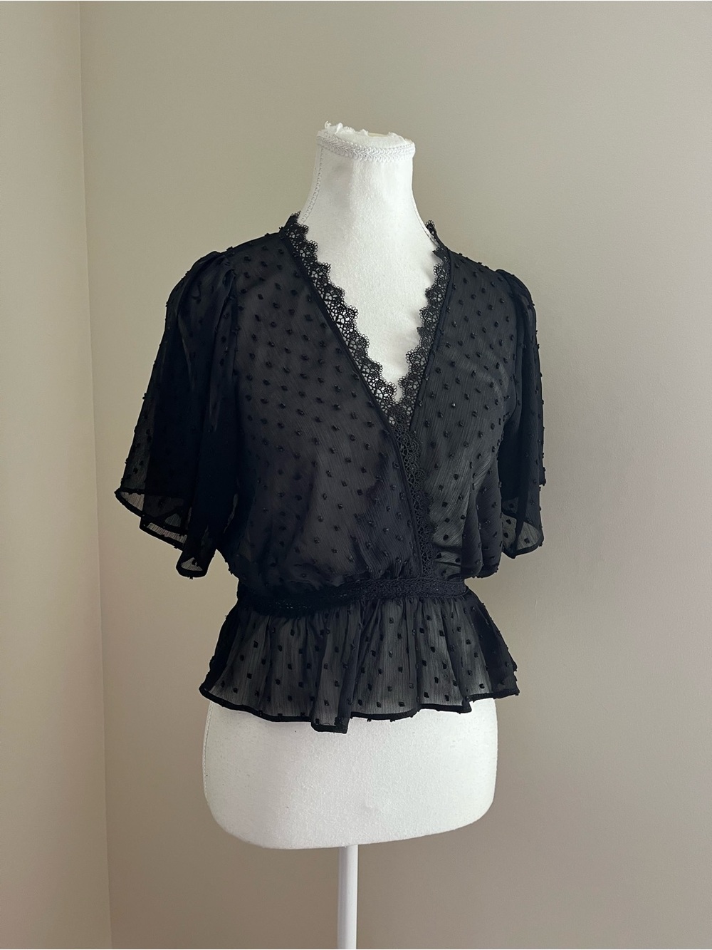Zara Black Sheer Swiss Dot Lace-Trim Peplum Blouse